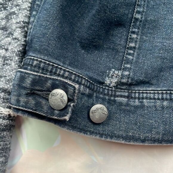 Free People Hooded Denim Knit Jacket Navy Black Gary Distressed L Mixed Media - Picture 11 of 13